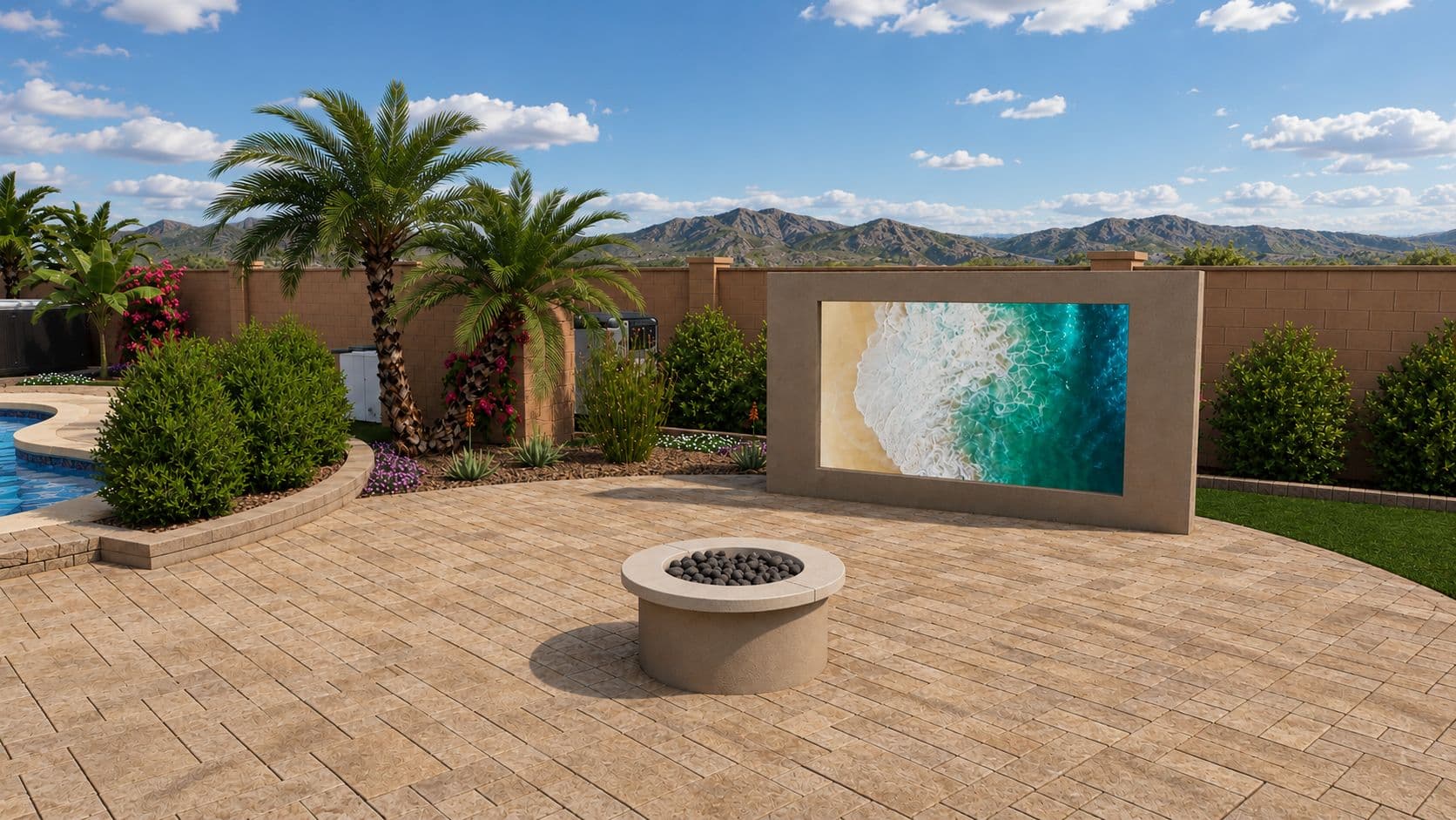 3D design rendering of a paver patio with a fire pit and feature wall